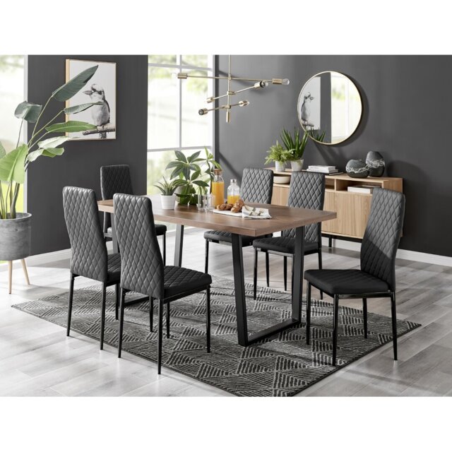 Kylooe Modern Brown Wood And Black Metal Dining Table Set With 6 Quilted Faux Leather Dining Chairs