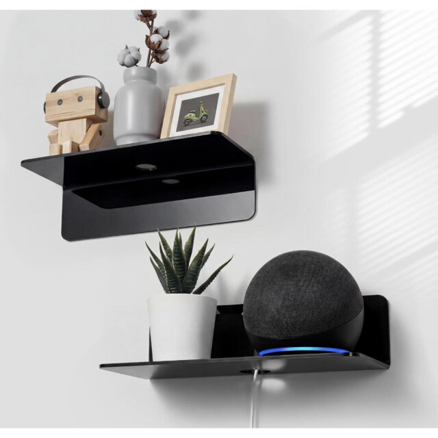 Acrylic Floating Wall Shelves Set Of 2, Damage-Free Expand Wall Space, Black Small Wall Shelf For Smart Speaker, Action Figures, Monitor With Cable Cl