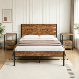 3 Piece Bedroom Set, Industrial Bed Frame with 2 Nightstands Set, Metal Platform Bed with Wood Headboard & Footboard, Farmhouse Bedroom Furniture Set