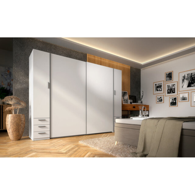 4-door wardrobe with drawers, white, with clothes rails, shelves WxHxD 270x207.5x60.4cm