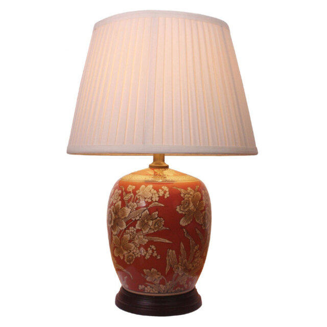 Red Floral Oriental Chinese Floral Ceramic Porcelain Table Lamp