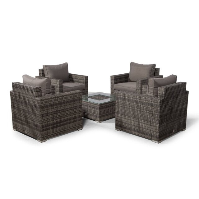 Villatoro Grey Rattan 4 X Armchairs With Square Ice Bucket Coffee Table, Outdoor Patio Garden Furniture