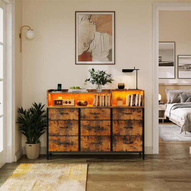 Chest Of Drawers Bedroom, Dresser Cabinet With 2 Sockets, 2 USB Ports And 10 Colored LED Strips, Chest Drawers With Shelf 9 Fabric Drawers For Bedroom