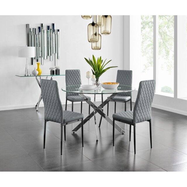 Tierra Modern Metal & Glass Round Dining Table Set with 4 Quilted Faux Leather Chairs