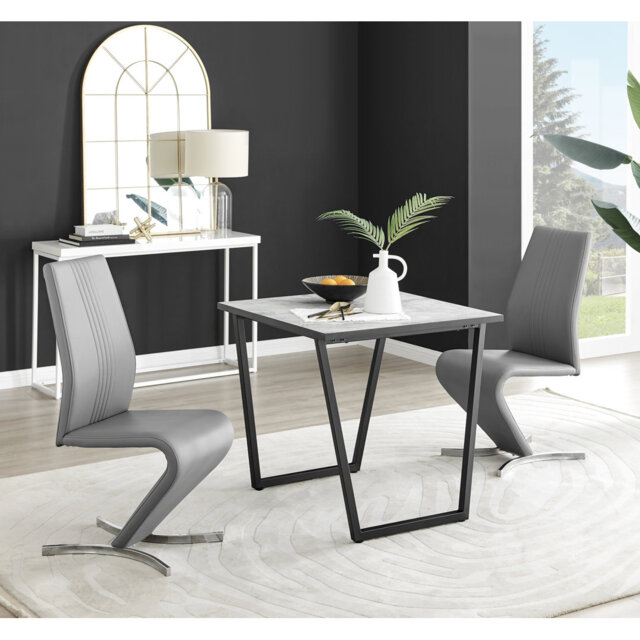 Industrial Design White & Grey Marble Effect Melamine Dining Table Set with 2 Faux Leather Chairs