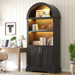 French Vintage Arched Display Cabinet with LED Lighting, Open Shelving and Cupboard Storage