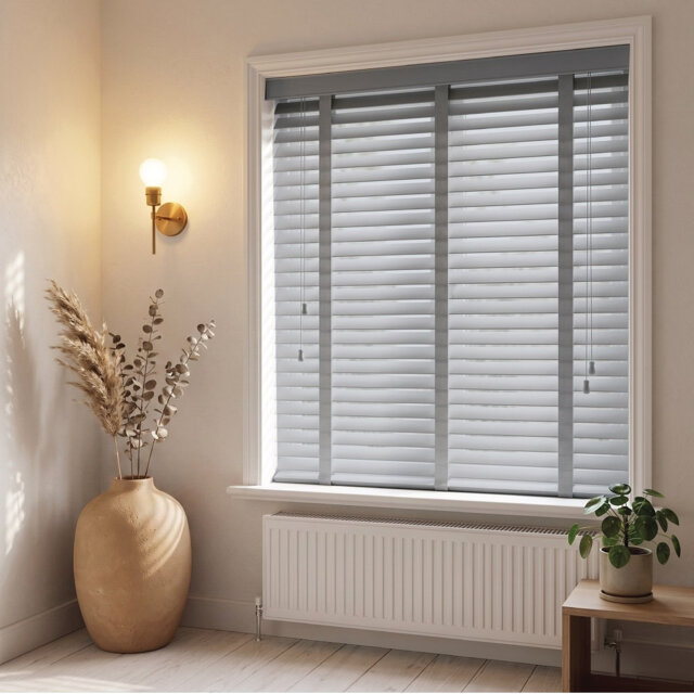 Faux Wood Venetian Blinds with Fabric Tape, Moisture-Resistant Horizontal Slats & Cord Control for Windows