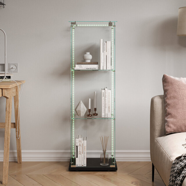 "48.5"" Glass Display Cabinet With 4 Shelves, Floor Standing Curio Display Cabinets With LED And Door, Modern Display Case For Living Room Bedroom, Whit"