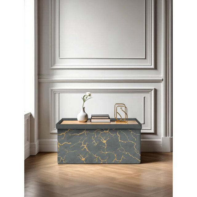 Foldable Ottoman Storage Chest with Table Top Lid, Space Saving Box MDF Frame and Fabric Seat, Luxury Home Storage and Seating Solution