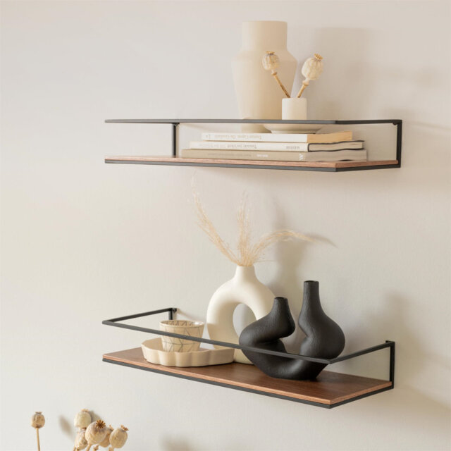 Wall shelf set, hanging shelves made of metal and real wood veneer, floating shelves as a shelf for bathroom, living room, kitchen, bedroom and more