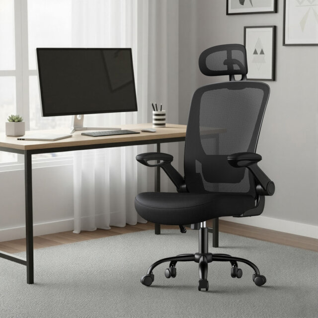 Office Mesh Chair, Ergonomic Swivel Chair, Lumbar And Head Support, Wide Seat, Foldable Armrests, Tilt Function, For Office Bedroom, Tan