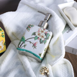 13oz Ceramic Soap Dispenser - Flower Pattern Lotion Bottle with Removable Pump - for Kitchen/Bathroom Soap & Oils
