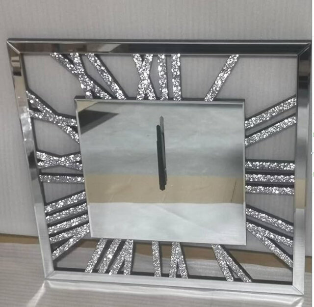Square Mirrored Crushed Crystal Wall Clock Loose Diamond Crystal Mirror Wall Silent Clock Chic Finishing Touch (40x40cm)