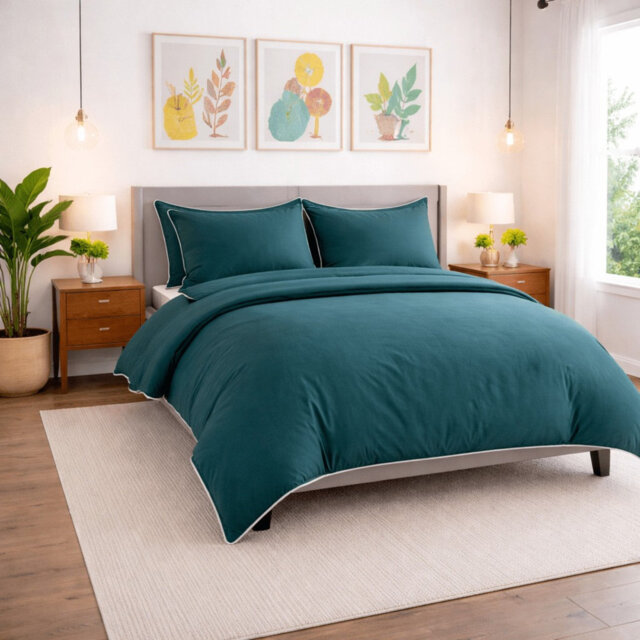 Solid Teal Piped Duvet Cover Set – Modern Coastal Bedding with Pillowcase