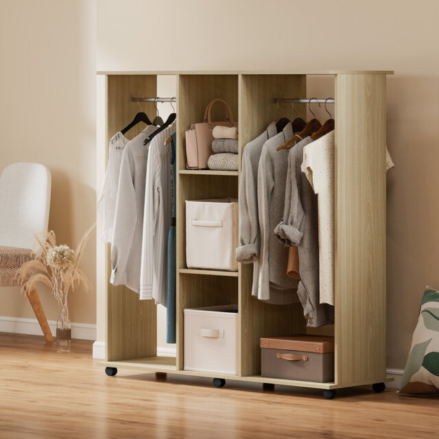 HOMCOM Double Open Wardrobe on Wheels, 3 Storage Shelves, Natural