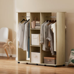 HOMCOM Double Open Wardrobe on Wheels, 3 Storage Shelves, Natural
