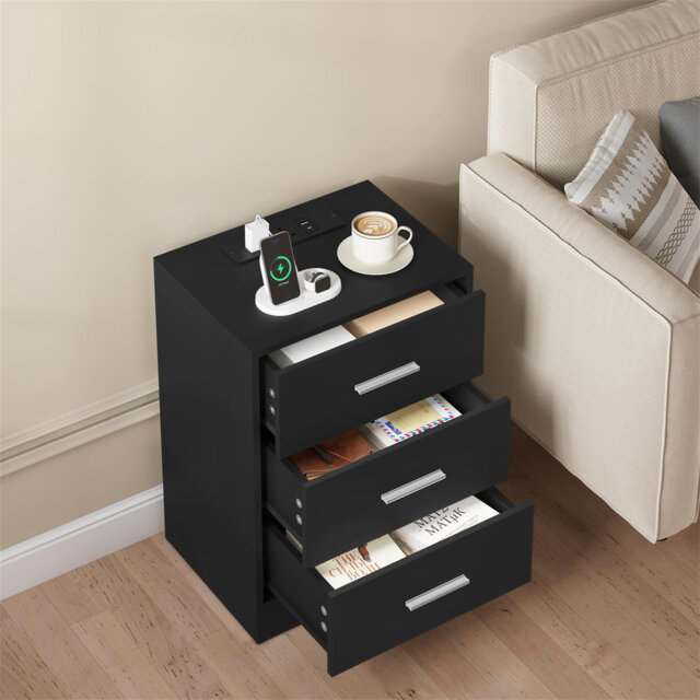 Bedside Tables Set Of 2, Bedside Cabinets With Charging Station, 3 Drawers