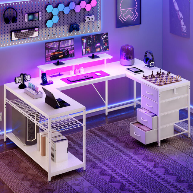 158Ã100 Cm Corner Desk With Drawers, L Shaped Computer Desk With LED Lights, U Shaped Gaming Table With Powers Outlets & PC Stand