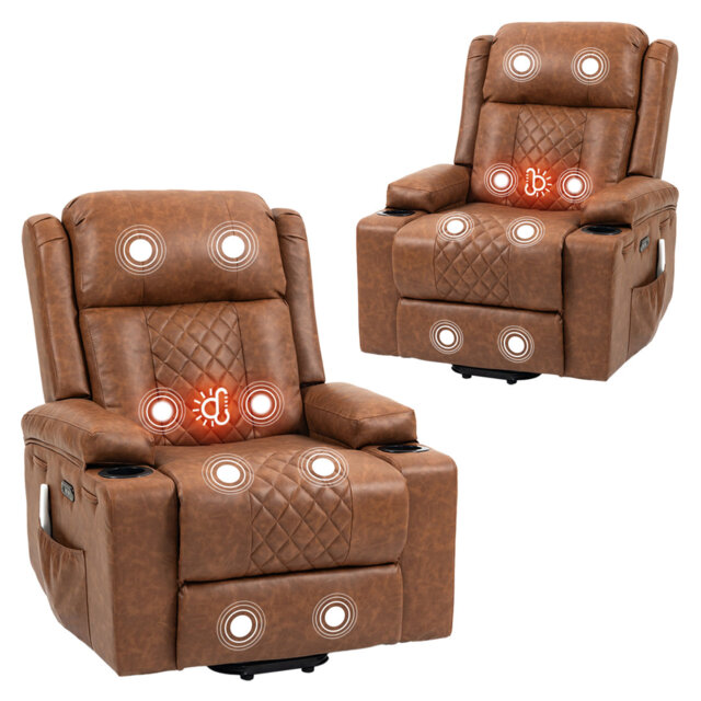PU Leather Electric Power Lift Heated Massage Recliner Chair with Cup Holders and USB Type C