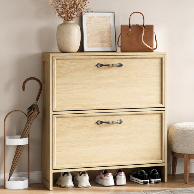 Shoe Cabinet with 2 Flip Drawers, Narrow Shoe Storage Cabinet with Adjustable Shelf, Hidden Shoes Rack with Anti-Tipping Kit, Freestanding Shoes Rack