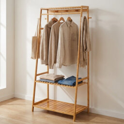 Mattera Natural Bamboo Wooden Clothes Rack, Garment Rail Garment Rack Open Wardrobe, Storage Shelves Bedroom