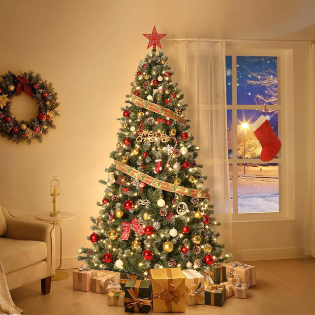 6FT/183CM Prelit Christmas Tree with Lights - Premium Artificial Christmas Tree with Pine Cones - 150 Warm Lightsm, Support Automatique, Easy Assembly