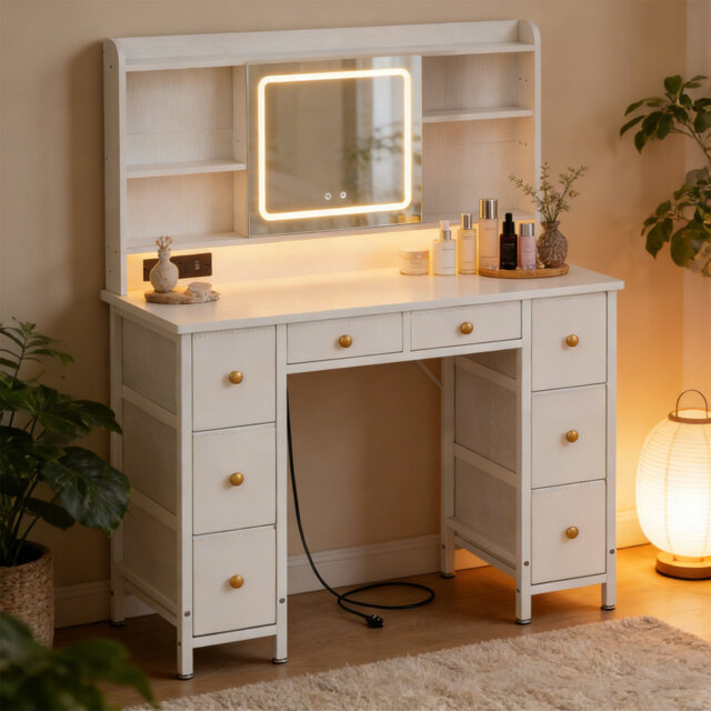 White Dressing Table With 8 Drawers & Movable LED Mirror, Vanity Desk With USB Charging Ports, RGB Light Strip And 4-Tier Adjustable Shelves