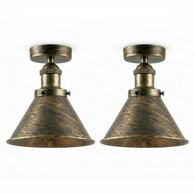 2 PackVintage Industrial Ceiling Lights with Metal 18cm Conical Shade, Semi-Flush Mount Lighting Fixture, Oil Rubbed Bronze Chandelier for Farmhouse K