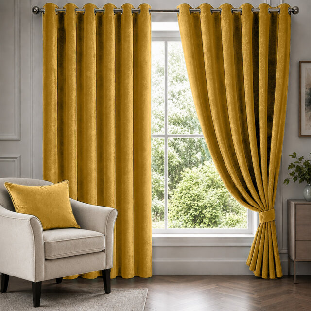 Ochre Velvet Eyelet Curtains Room Darkening Window Panels Soft Touch Pair