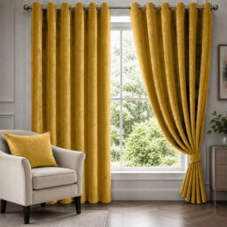Ochre Velvet Eyelet Curtains Room Darkening Window Panels Soft Touch Pair