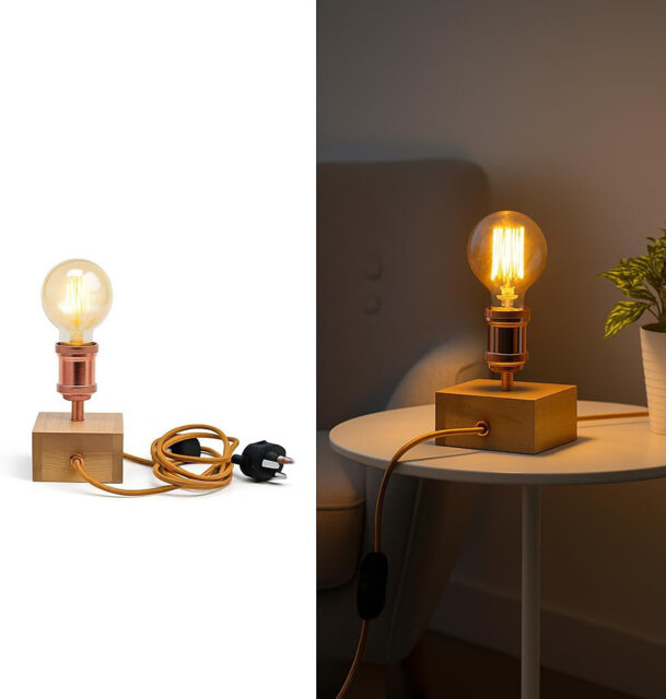 DC VOLTAGE Table Lamp Wooden Base Small Cube Shaped Desktop Lights E27 Socket with 3 Pin Plug in with ON/Off Switch for Bedroom, Living Room, Nightsta