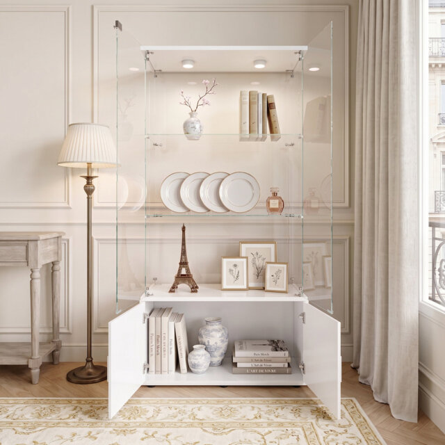 Modern Curio Cabinets With LED, Glass Display Cabinet With 3 Shelves And 2 Doors, Floor Standing Bookshelf Display Case For Living Room, Bedroom, Whit