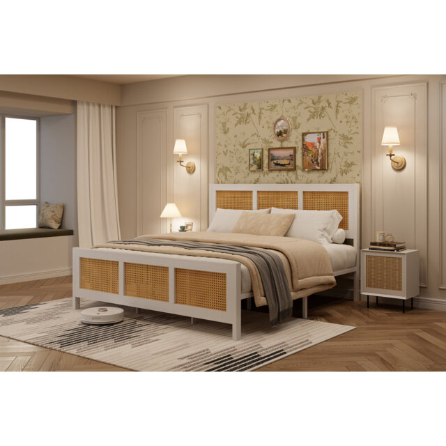 Full Size White Rattan Bed Frame with Platform Headboard, Boho Design, and Strong Metal Slats in White
