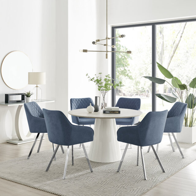 Edzard Statement 6 Person Round Dining Table Set in Luxury Stone Effect - Velvet Dining Chairs