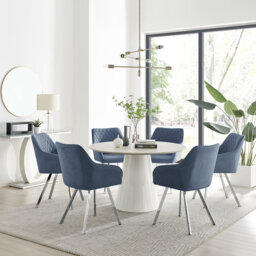 Edzard Statement 6 Person Round Dining Table Set in Luxury Stone Effect - Velvet Dining Chairs