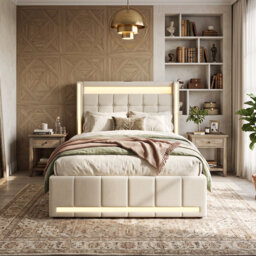 UK&EU Size Smart Linen Bed Frame with App-Controlled LED Lights, Upholstered Storage Bed with 4 Drawers & USB Charging Station, Grey & Beige