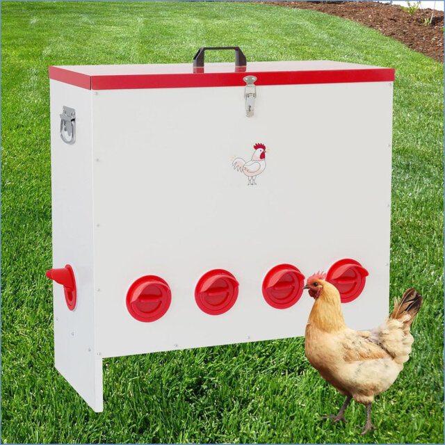 Automatic Chicken Feeder No Waste, Poultry Feeder Box Metal Feeders for Chickens Rainproof Chicken Coop Feed Ports for Chickens, Ducks, Turkeys