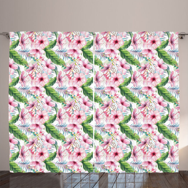 Rustic curtain, exotic feeling, floral boho, hibiscus, fern green and pastel pink