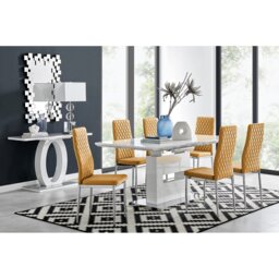 Alezzo Modern High Gloss Extendable Dining Table Set with 6 Quilted Faux Leather Dining Chairs