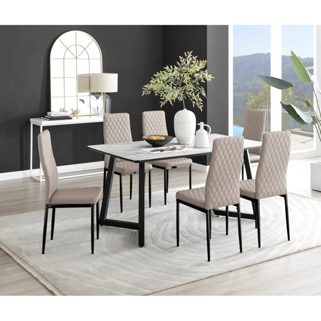 Industrial Design White & Grey Marble Effect Melamine Dining Table Set with 6 Faux Leather Chairs