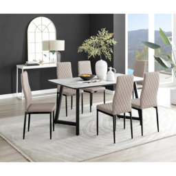 Industrial Design White & Grey Marble Effect Melamine Dining Table Set with 6 Faux Leather Chairs