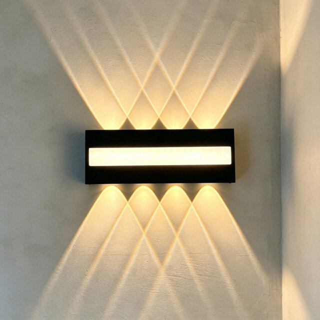 IP65 Waterproof Modern Black Indoor & Outdoor Wall Light, Mains-Powered Up-Down 8-Lamp Sconce with 3000K Warm White for Porch, Garden, Living Room [En