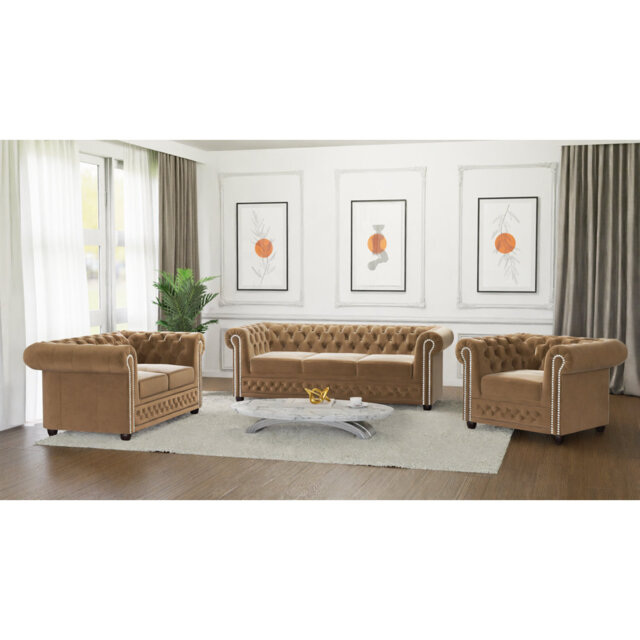 Chesterfield Hanna 3 Seater Sofa Made of Velvet Fabric with Solid Wood Legs