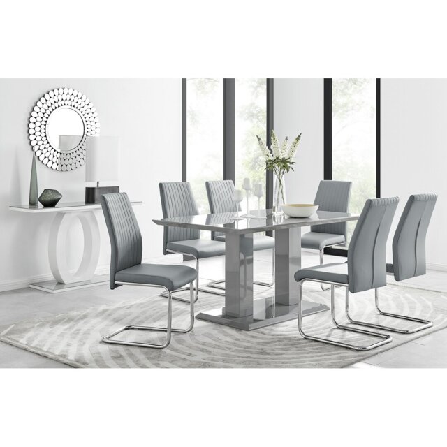 Edzard Double Pedestal High Gloss Dining Table Set with 6 Luxury Faux Leather Dining Chairs