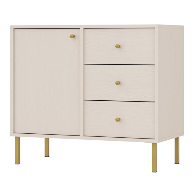 Alexxandra One-Door Sideboard with Three Drawers 84 cm Sand Beige on Gold Legs