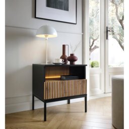 Cornellius Nightstand with Drawer and LED Lighting, 54 cm, Black/Wotan Oak