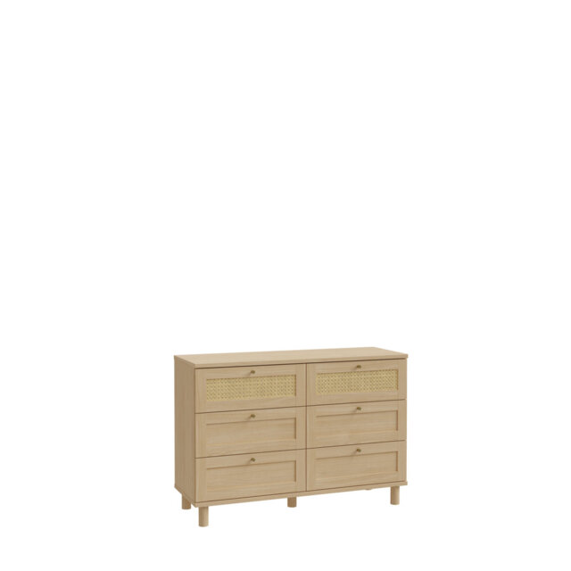 Chest of Drawers with 6 Drawers, Elegancia Oak/Rattan, 120 cm W x 83 cm H x 41 cm D