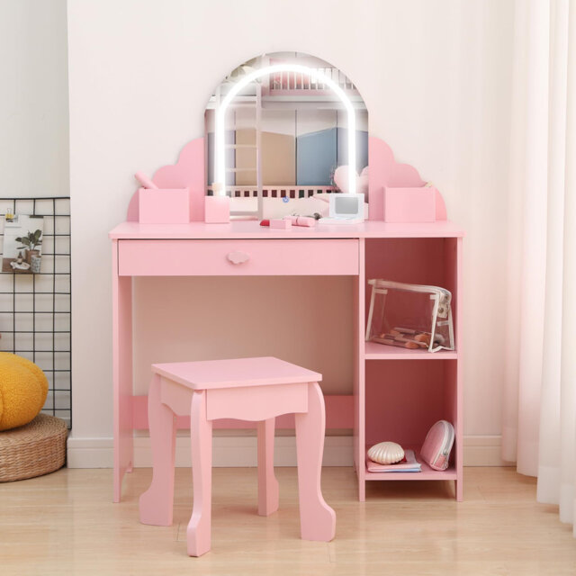 Kids Vanity Table and Chair Set, Girls Dressing Table with Storage Shelves & Drawer, Children Study Desk with Storage Grids
