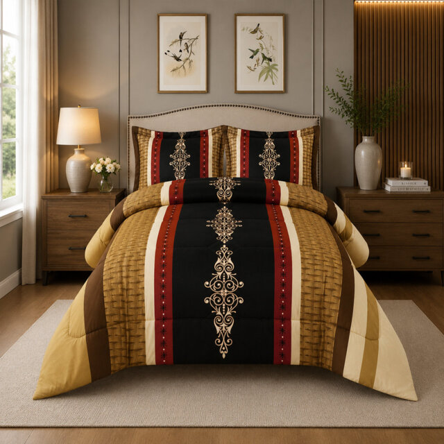 Brown Trendy Printed Bedspread Floral Design Quilted with Pillow Shams