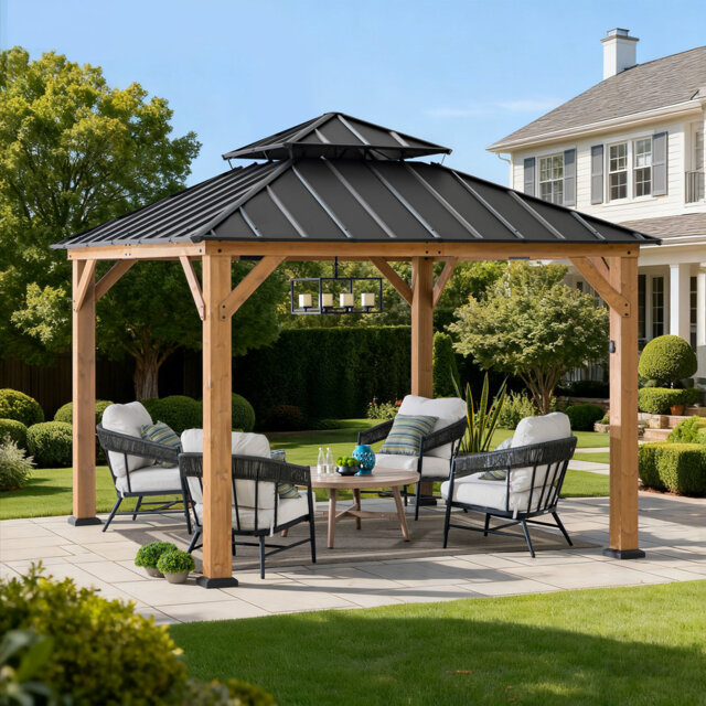 Sunjoy 3.3x3.3m Solar Hardtop Gazebo With Anthracite Steel Roof, Led Light & Ceiling Hook